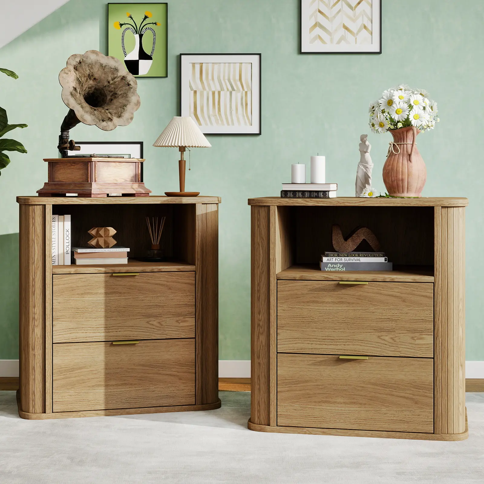 Fluted Nightstand Set of 2,Farmhouse Curved Bedside Table with 2 Drawers & Open Shelf, Mid-Century End Table w/Metal Handle for Bedroom, Living Room