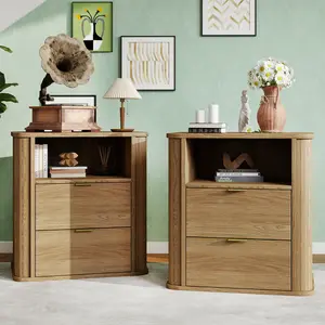 Fluted Nightstand Set of 2,Farmhouse Curved Bedside Table with 2 Drawers & Open Shelf, Mid-Century End Table w/Metal Handle for Bedroom, Living Room