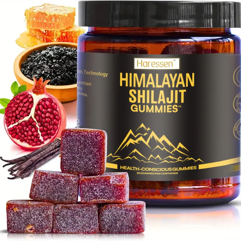 Haressen Himalayan Shilajit Gummies with Ashwagandha Gokshura Fulvic Acid 85 Trace Minerals No Added Sugar 30 Gummies for Men Women Authentic Pure Health-Conscious Edible Supplement