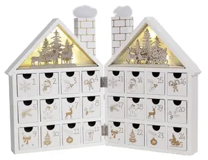 Countdown to Christmas in Style with Wooden Advent Calendar House - 24 Drawers, LED Lights, Candy Box - White Forest Theme