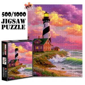 1pc 1000 piece adult puzzle 70x50cm Lighthouse by the Sea with Coastal Houses and Colorful Sky 500 pieces paper jigsaw puzzle suitable for DIY creative games for adults and families, birthday and h