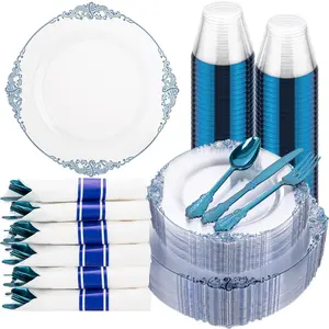 175pcs Clear and Blue Plates - Blue Party Plates for 25 Guest, Include 50 Heavy-duty Plates(20% Thicker Than Standard), 25 Pre Rolled Gold Plastic Silverware Set, 25 Cups
