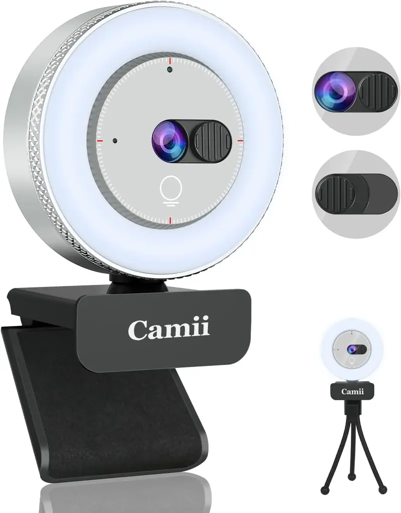 Camii 2K Webcam with Light, HD Webcam for PC with Built-in Privacy Cover, Adjustable Brightness, Noise Reduction Mics, for Zoom Skype Teams Laptop and Google Meet