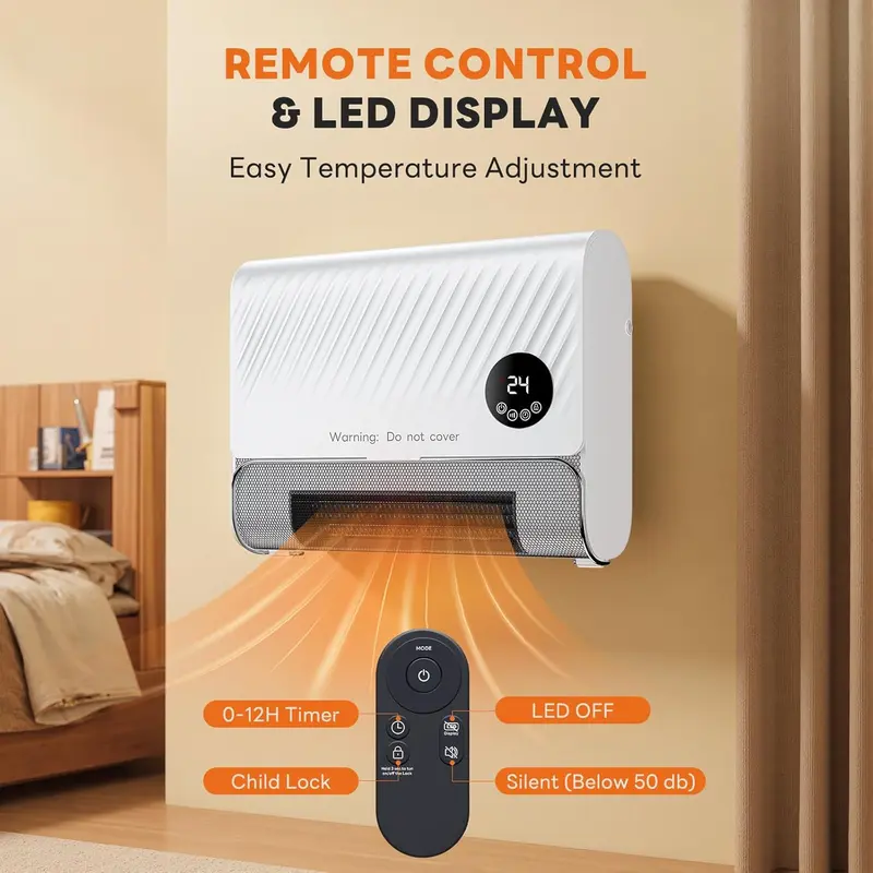 「WinterEssentials」 Remote Control Wall Heater, 1000W Energy-Saving, Quiet 35dB. Ideal for Offices, Nurseries,  & Small/Medium Rooms. For Large Spaces, Choose a More Powerful, Larger Heater.