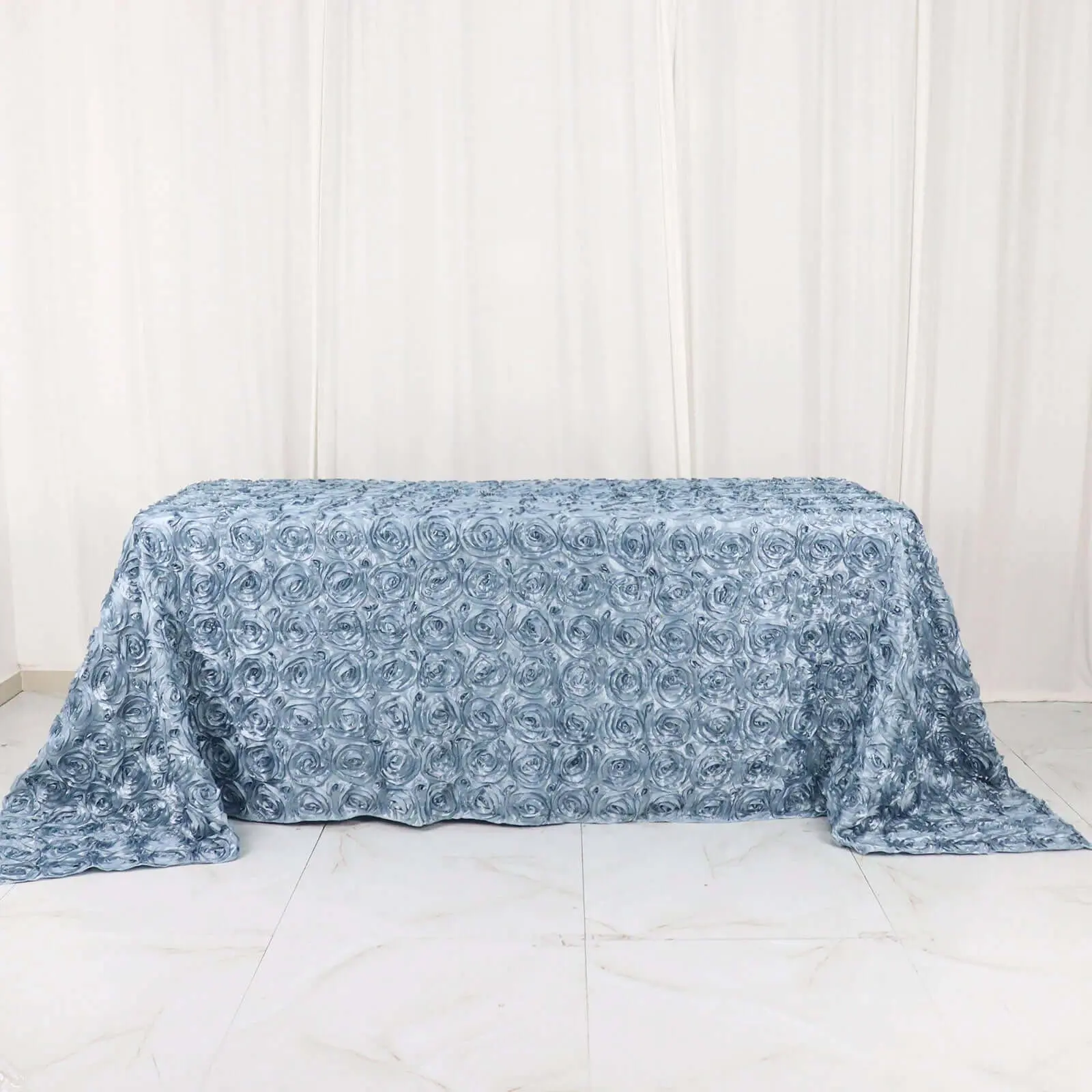 Dusty Blue Satin Classic Rectangle Tablecloth - 90"x132" Non-Customised All-Seasons Table Cover with 3D Rosette Pattern, Dry Clean Compatible for Banquet, Event, Party Decor