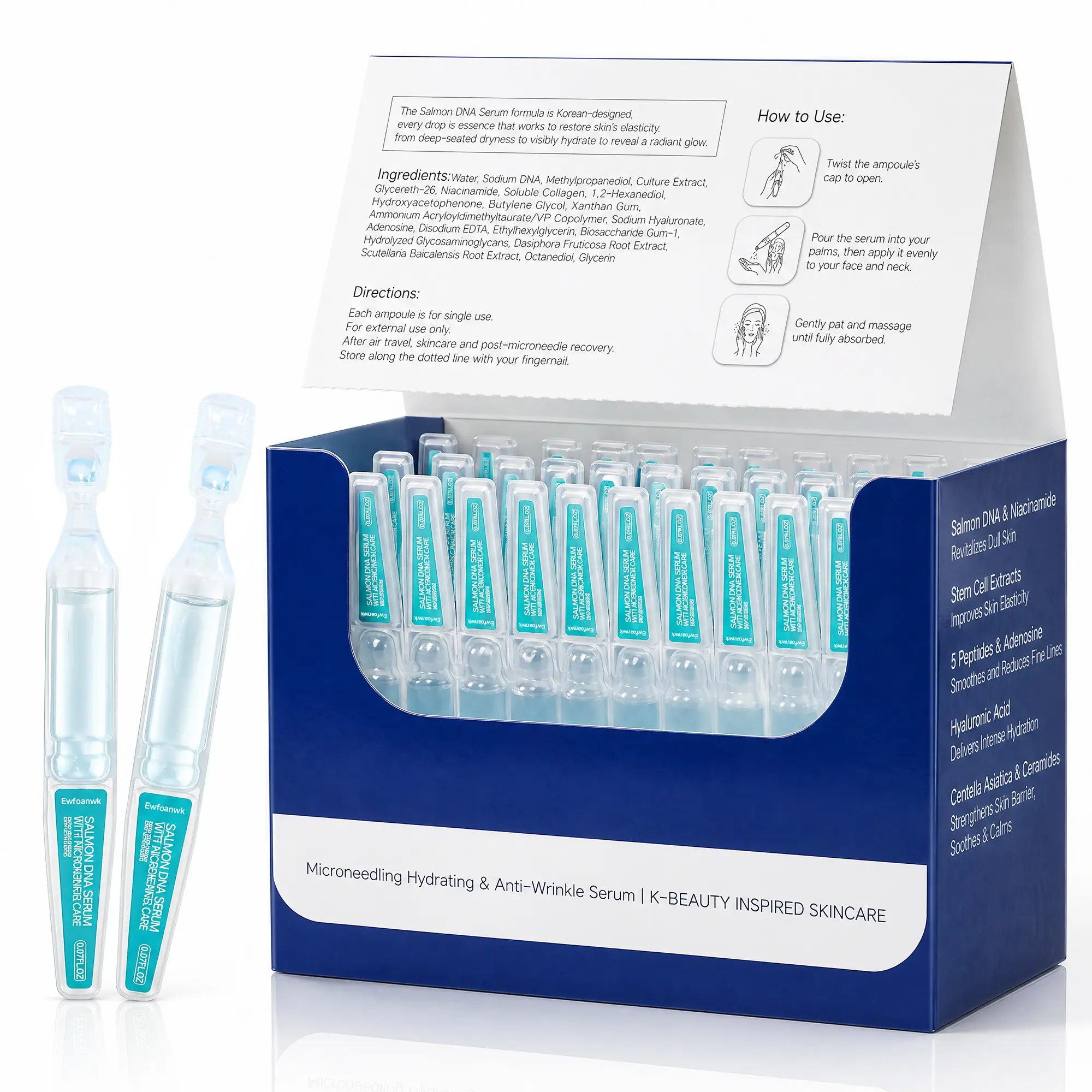 Stem Cell & Salmon DNA PDRN Serum,Microneedling Aftercare Anti-Aging Face Serum with Peptides & Hyaluronic Acid,Korean Skincare Formula(2mL×30Vials)