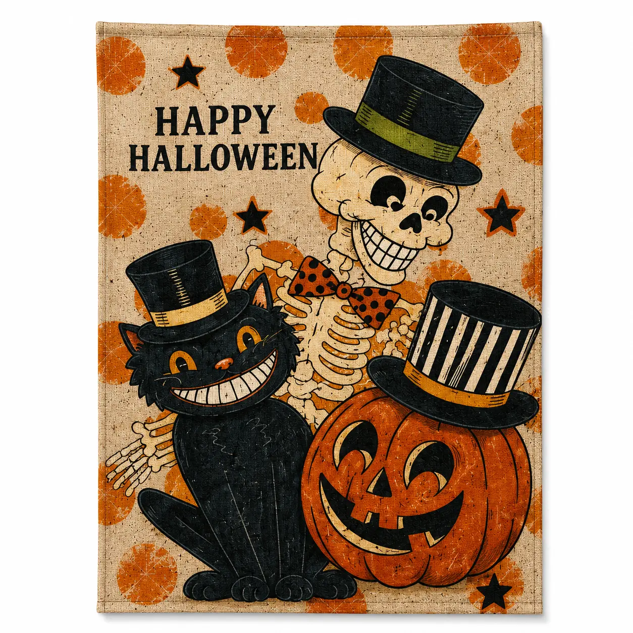 Vintage Halloween Decorative Garden Flag, 12x18 in Rustic Fall Banner with Skeletons, Black Cat & Jack-O'-Lantern for Outdoor Porch (Home & Festive Party Supplies)