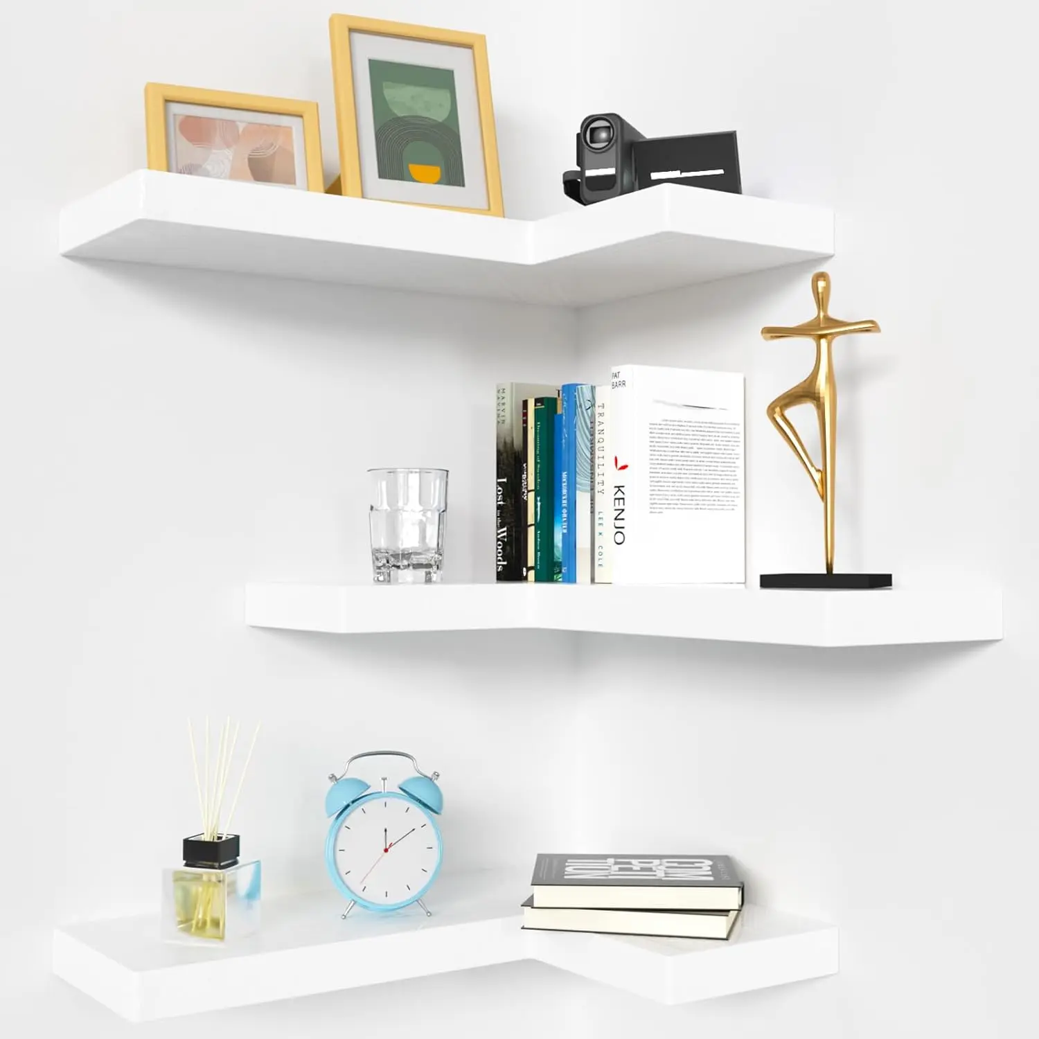 Corner Floating Shelves with Invisible Brackets, Corner Shelves Wall Mounted Set of 3, Bedroom Bathroom Kitchen Living Room Office- Modern Style 17" x 6" (White)