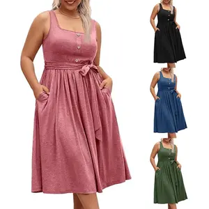 Imily Bela Curve 【1XL-4XL】Women's Plus Size Summer Midi Dress Sleeveless A-Line Square Neck Pleated Belted Tank Dress