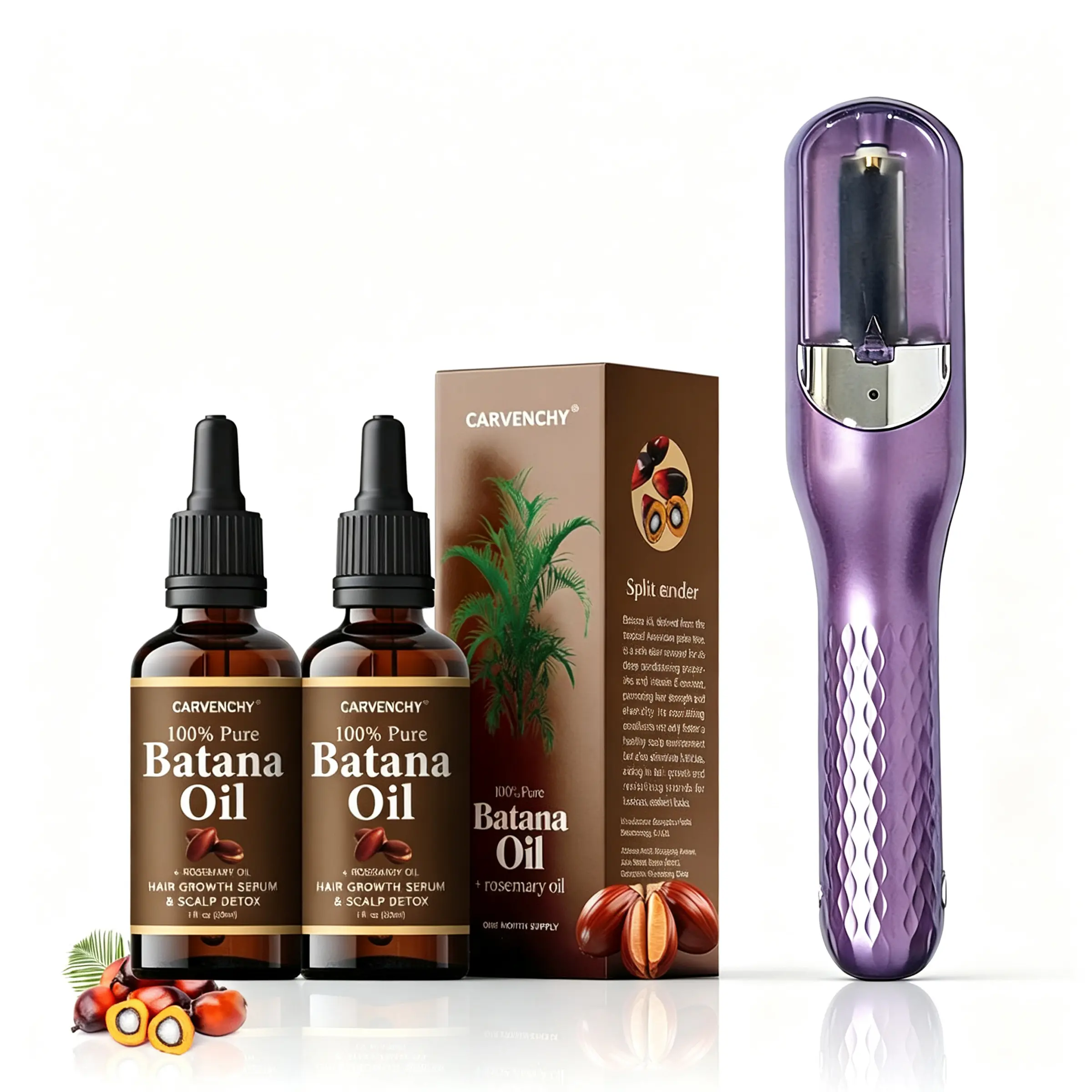 Battery-Operated Split End Trimmer & Nourishing Batana Oil Shampoo Set - Home Hair Care Kit for Frizz Control, Hair Strengthening, Volume Boosting