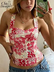 2026 Spring Summer European Style Floral Printed Sexy Casual Slim Daily Sleeveless Tank Top, Cross-Border Fashion Strappy Vest, Casual Comfy Cami, Trendy Everyday Wear