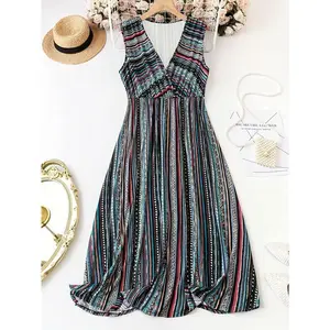 Plus Size, V Neck, Sleeveless Stripe Print Tank Dress for Spring & Summer, Women's Vacation Clothing Casual Knit