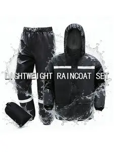 Professional split-style cycling rainwear set, featuring reflective strips and a detachable double-brim hood. Suitable for motorcycling, cycling and outdoor work in damp conditions, this constitutes essential safety gear for adverse weather.