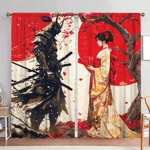 2 Panels Japanese Samurai & Geisha Cherry Blossom Semi-Blackout Curtains - Modern Woven Polyester, Rod Pocket, Thermal Insulated, Privacy Filtered Light Drapes for Bedroom, Living Room - Home Decoration Curtain 100-120gsm