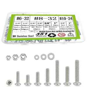 351 count #6-32#8-32#10-24 Machine Screws Nuts and  Assortment Kit,Phillips Pan  Assorted 304 Stainless Steel  Nuts Flat Washers Bolt with Case