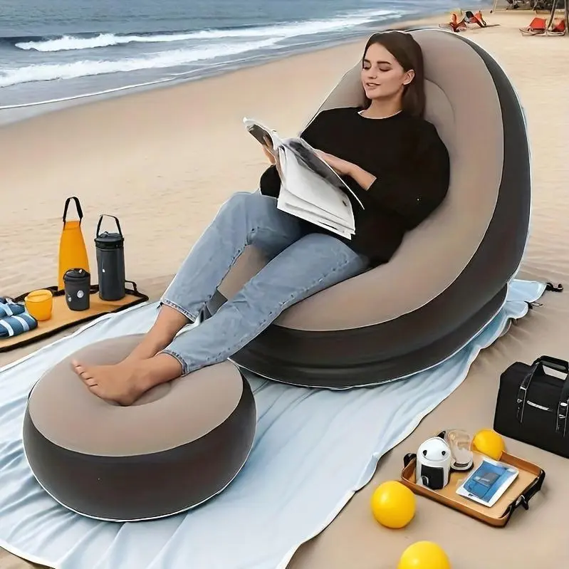 Adult Inflatable Deck Chair Recliner with Ft Stool, Ft Pump - Heavy-Duty Portable Folding Air Couch, Space-Saving Indoor/Outdoor Inflatable Sofa for Camping, Living Room, Easy Setup