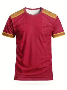 Men's Tribal Trim Sporty T-Shirt, Ethnic Style Round Neck Short Sleeve Top, Loose-Fitting All Seasons Clothing
