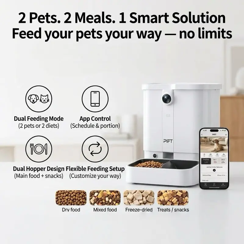 Automatic Cat Feeder Dog Feeder with 6L Dual Hopper, AI Recognition for Up to 3 Pets, 5/2.4 GHz WiFi App Control, 1080p Dual Cameras, Night Vision, 2-Way Audio, Dog Cat Feeding Supply