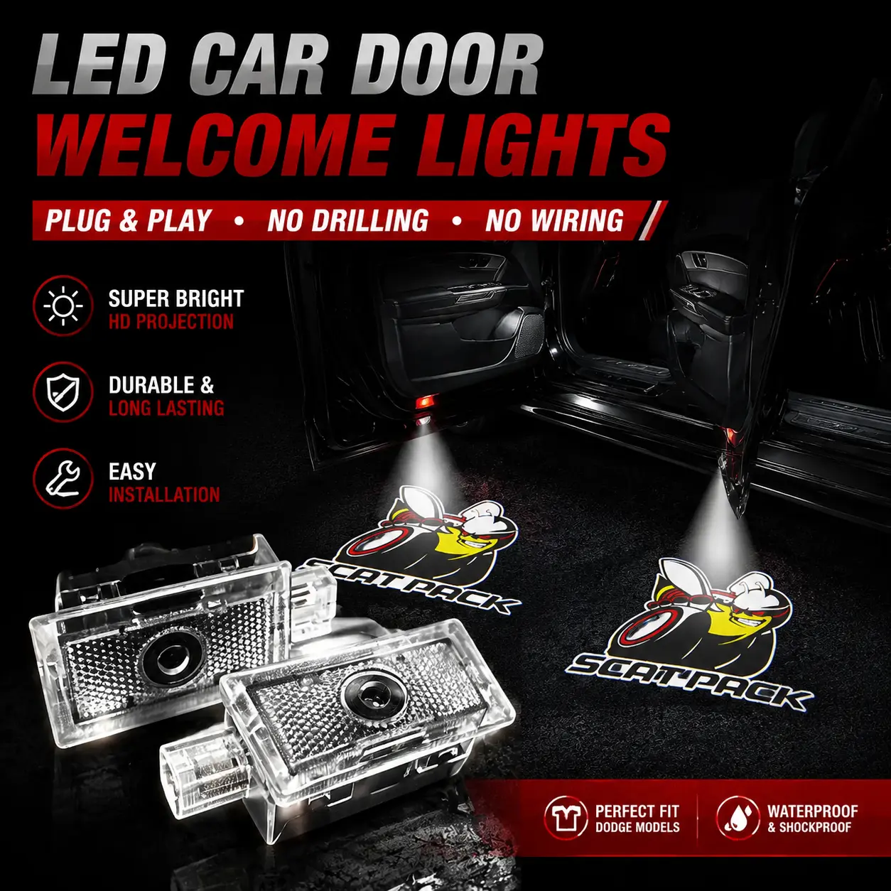 HD LED Door Puddle Lights for Charger Challenger Style Cars, Logo Projector Welcome Lights, SRT Hellcat Scat Pack Inspired Design, Plug & Play Car Accessories,2pcs or 4pcs