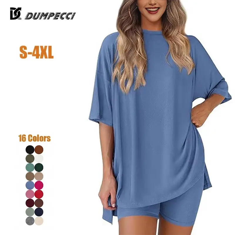 Crewneck 1/2Piece Set For Women Summer Casual (S-4XL)T-Shirt & Biker Shorts Plus Size Matching Soft and lightweight everyday loungewear Two Piece Set Casual  Split Hem Shirt and Biker Shorts with Pockets Summer Loungewear