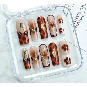 AURÉA | Tortoise Shell Cherry Press On Nails Long Coffin 3D Floral Art Fake Nails 100% Handmade Press On Nails Reusable Nail Art Glossy False Nails