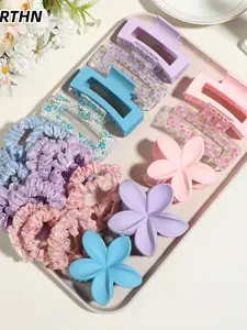 8pcs/24pcs fashion cute hair ring hairpin set, transparent pink blue purple printed ponytail hair ring, pink braided hair rope, satin silky hair band elastic hair ring to send girlfriend to send girlfriends school gift no gift box