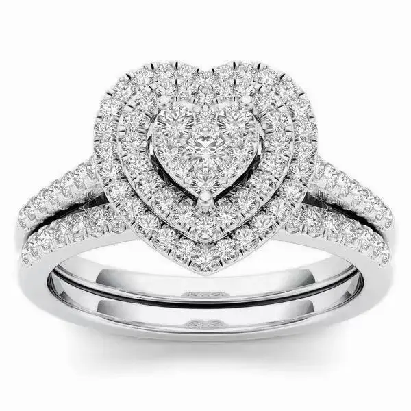 Silver Heart Double Halo Bridal Ring Set, Cubic Zirconia Engagement Ring Matching Wedding Band, Promise Ring Jewelry Gift for Women Wedding Anniversary