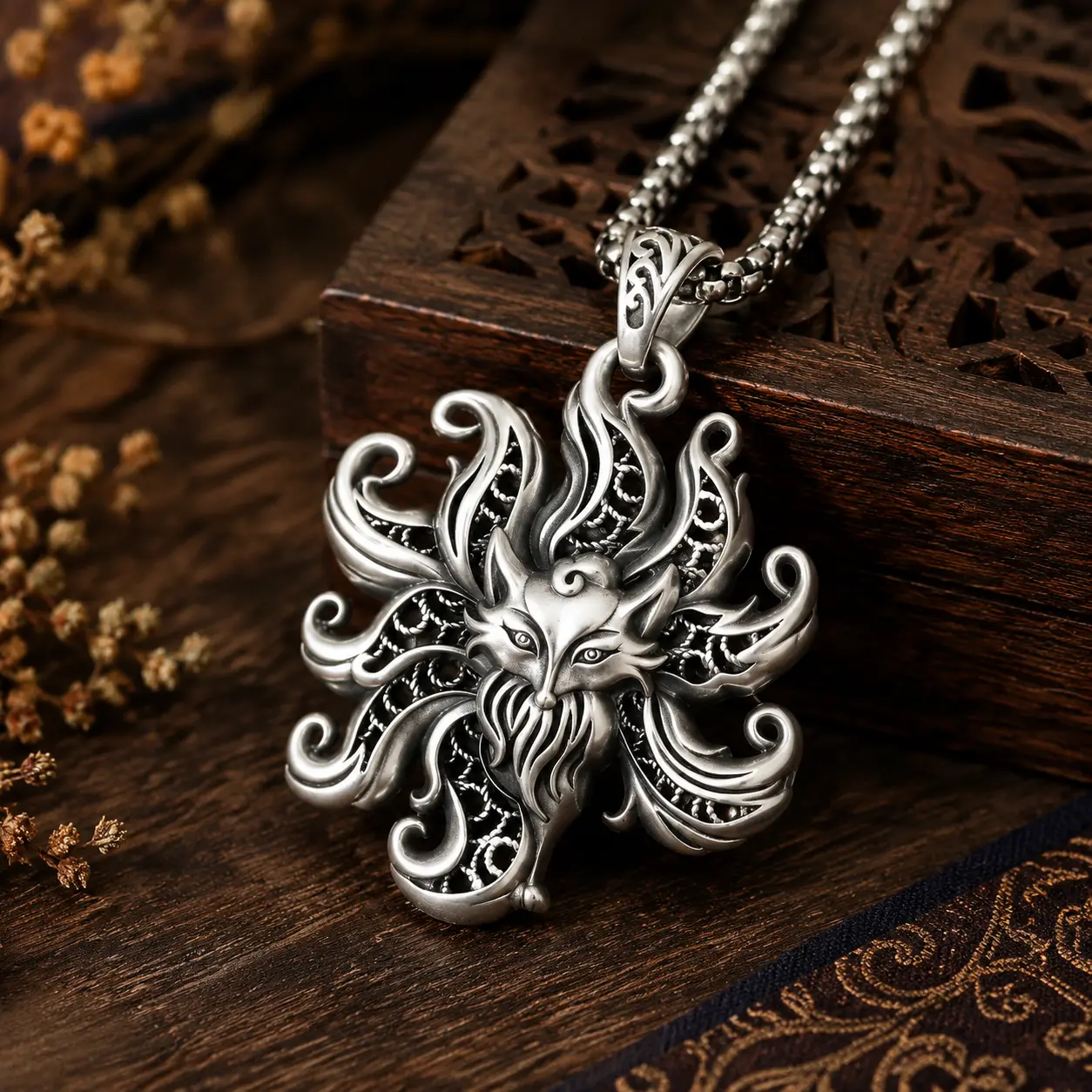 Vintage 9-Tailed Fox Motif Charm Necklace - 34cm Chain with Extender, 30g Unisex Charms & Pendants Jewelry, Includes Pendant for Casual Wear, Chain Jewelry Necklaces, Extend Chain