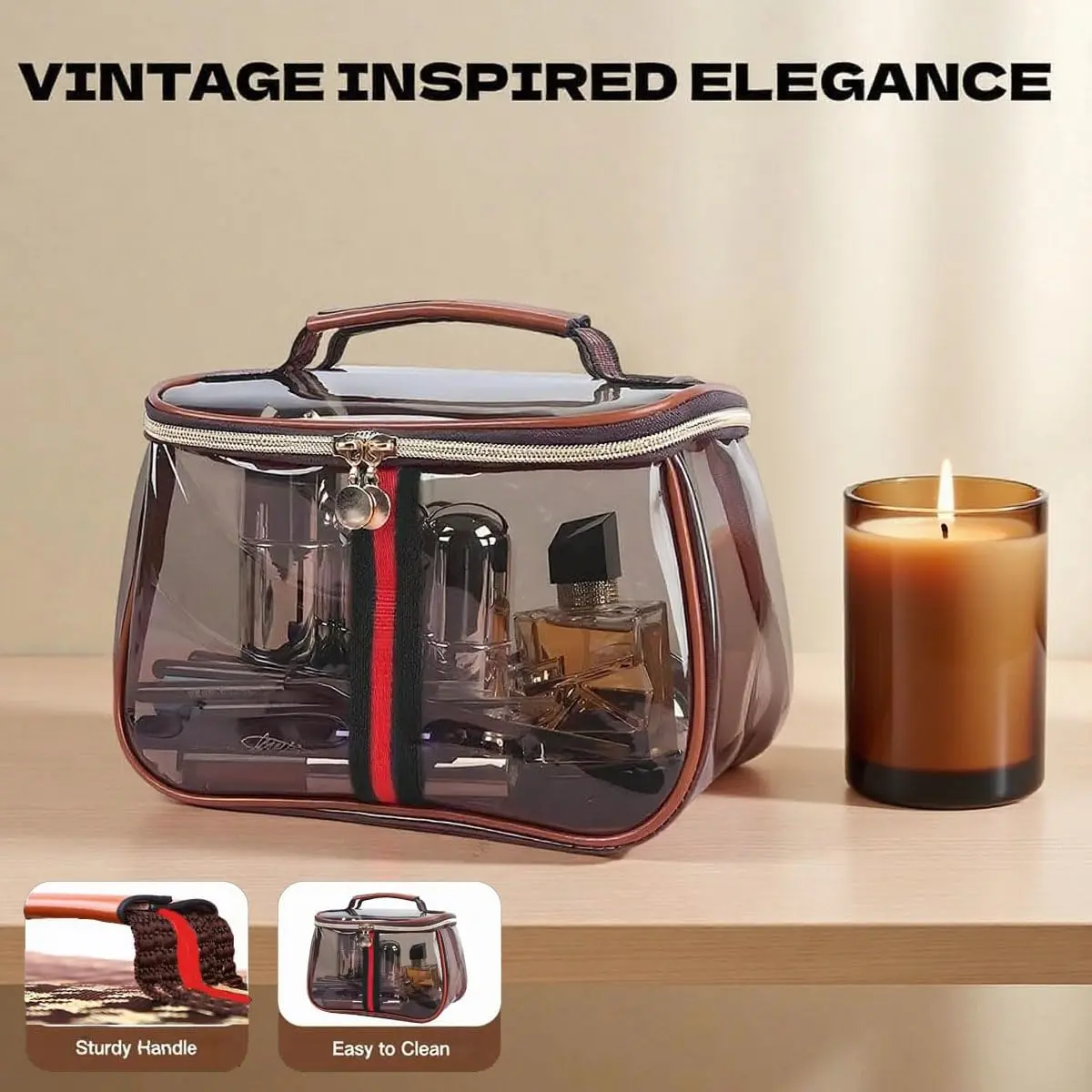 New Retro Vintage Vanity Bag, Clear Makeup Organizer with Handle, Large Capacity Water Resistant Cosmetic Toiletry Bag for Women, Travel Skincare Storage Case, Vintage Makeup Pouch