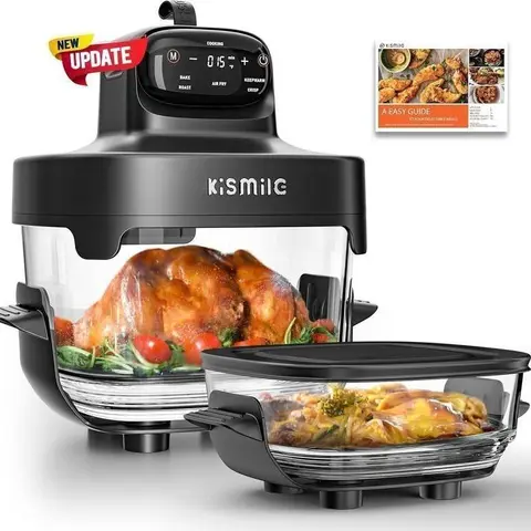 Kismile Multifunctional Cooker - 12-in-1 Kitchen Countertop Oven, 1750W Turbo Heat, 25QT BPA-Free Glass Air Fryer Toaster, DIY Temp & Time, Smart Control, 95% Less Oil Crisp, 1.8QT Small Bowl, Freezer/Dishwasher Safe for Dorms, RVs