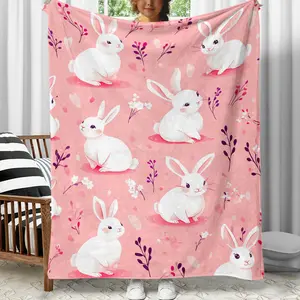 Pink Bunny Flannel Throw Blanket Cute Rabbit Floral Pattern Soft Cozy Warm Blanket for Baby Nursery Kids Room Sofa Bed Gift