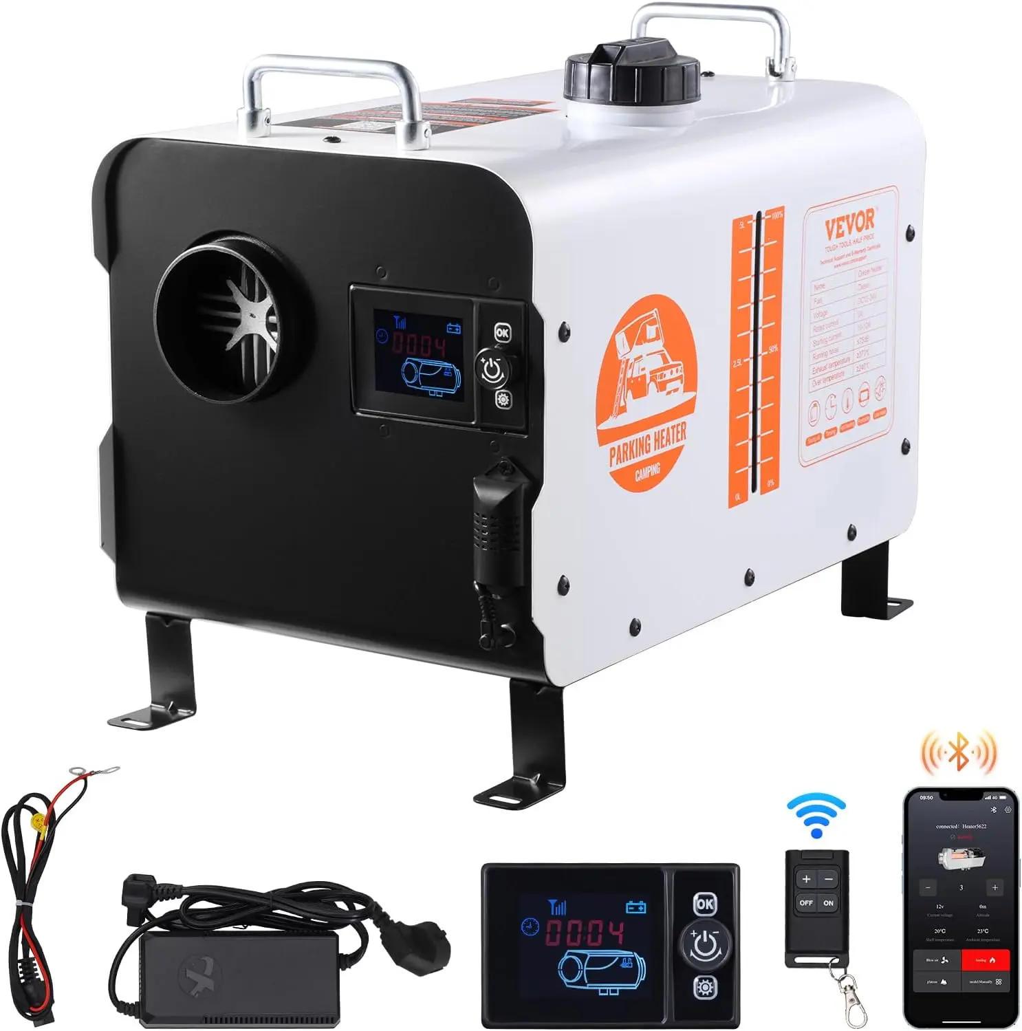 VEVOR 8KW Diesel Heater, 12V/24V All in One Diesel Air Heater, with Bluetooth APP Control, Remote Control and Display Screen, CO Alarm, Fast Heating Portable Diesel Heater for Vehicles and Outdoors