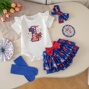 Newborn Baby Girls 4th of July Outfits Letter Bow Print Short Sleeves Romper and Layered Ruffles Shorts with Headband Socks Set
