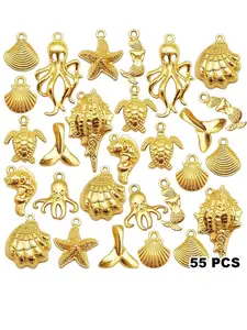 55 Piece Ocean Beach Theme Pendant Jewelry Set, Summer Necklace Earrings Bracelet Making Craft, Includes Starfish Shell Mermaid Tail Fish Shapes