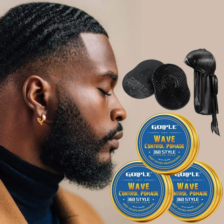Men's Wave Control Strong Hold Styling Pomade & Brush & Durag Cap Set, 6 Counts/set Including 3 Boxes Pomade and 2 Brushes and 1 Cap, Strong Setting Hair Gel, Hair Style Product for Men Wavy Curly Define, Hair Styling Products, Defined Curls
