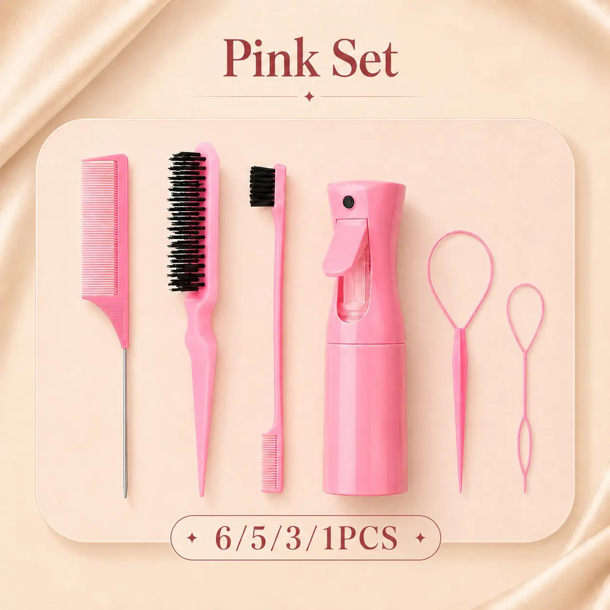 💗 Hair Styling Accessories Set Heatless 6/5/3/1PC ✨ 【Daily Styling】 3 Colors Available, Spray Bottle, Edge Brush, Comb & Loop Tools For Wig, Ponytail & Bun Look
