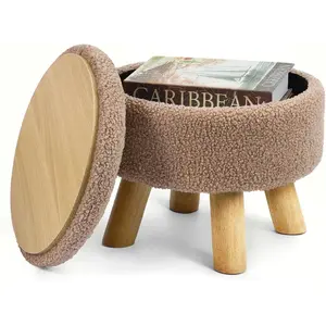 Ottoman Foot Rest, Small Round Ottoman with Storage, Boucle Teddy  Footstool with  , Soft Sponge Storage Ottoman for Living Room, Bedroom, Couch, Enterway (Camel Brown)