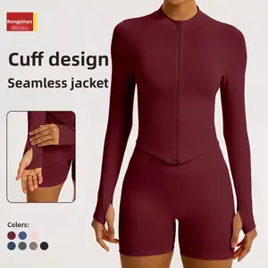 Women's Seamless Jacket with Thumb Holes | Stand-Up Collar Full Zip Athletic Outerwear | 93% Polyamide 7% Elastane Soft Stretch Sports Top