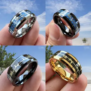 New fashion 8mm Stainless Steel Ring, Heartbeat Design with Carbon Fiber - Wedding Party Promise Ring