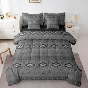 Western Cowboy Comforter Set with Sheets 7 Piece Southwestern Aztec Pattern Bedding Set for Kids Boys Girls Horse Riding Design Bed in a Bag Ranch Farmhouse Room Decor Gray