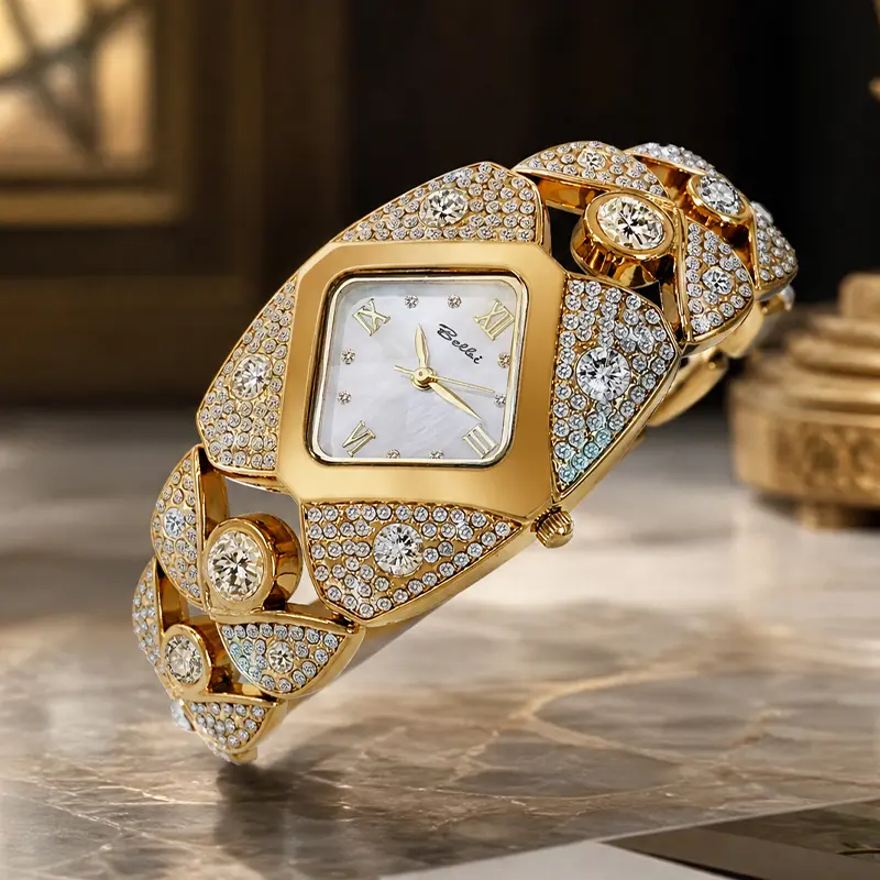 Sparkling vintage niche watch with openwork mother-of-pearl design, large golden dial, bracelet-style elegant women’s watch — top choice for Valentine’s Day, Christmas, Mother’s Day, and birthday gifts - 8113