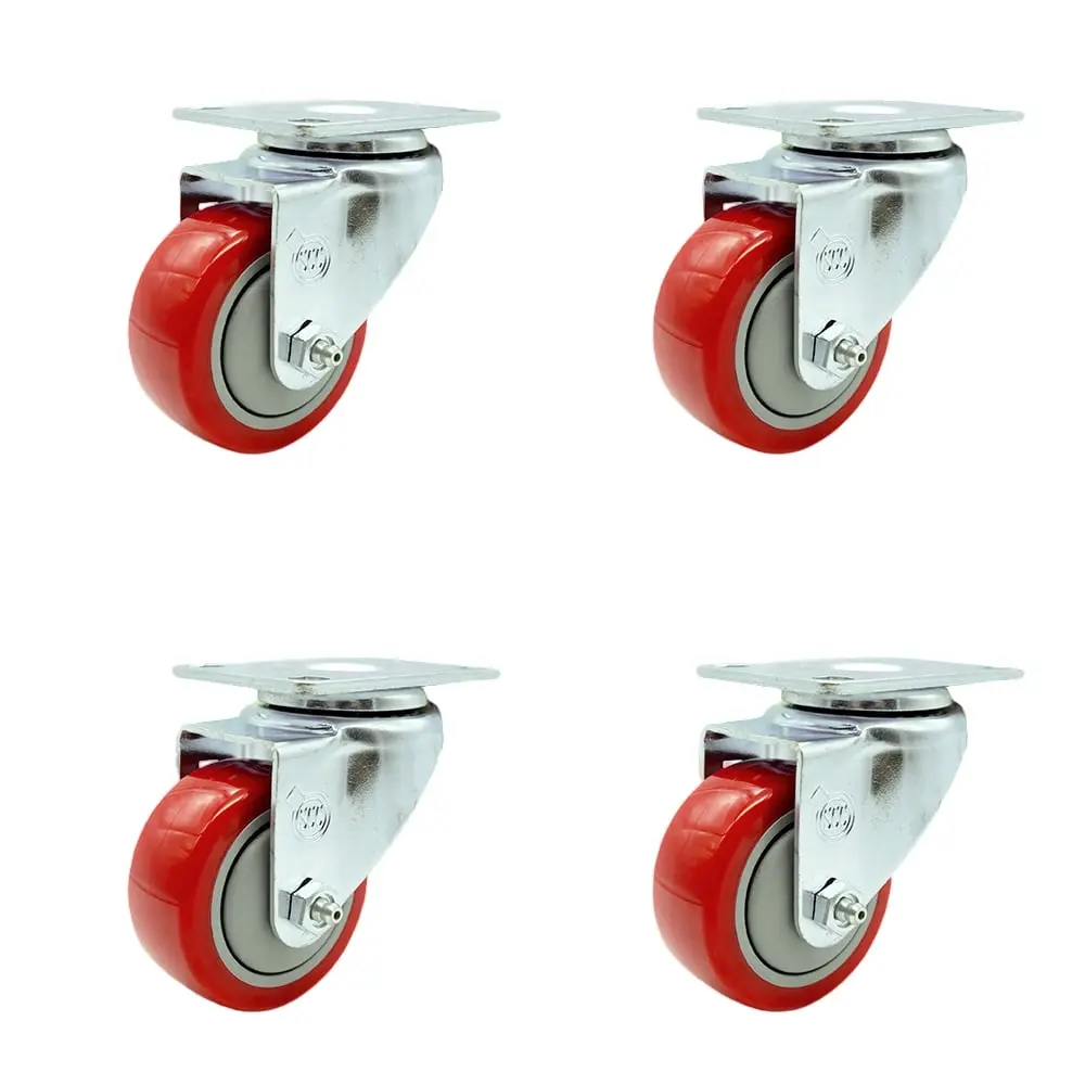 212 MAIN SCC-SS20S314-PPUB-RED-4 Heavy Duty Stainless Steel Furniture Moving Wheels (Plate Mount Swivel Caster Set of 4), Non-Marring Polyurethane Rollers for Indoor Equipment, Shop Projects, 3x1.25 in Red Hard Surface Rollers