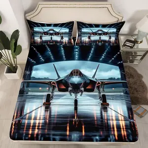 Aviation Aircraft Fitted Sheet,Airport 3D Airplane Sheets Set,Breathable Bedding(No Top Sheet),Aviation Plane Aircraft Modern Bed Sheet with Deep Pocket,Aircraft Runway Bed Cocer