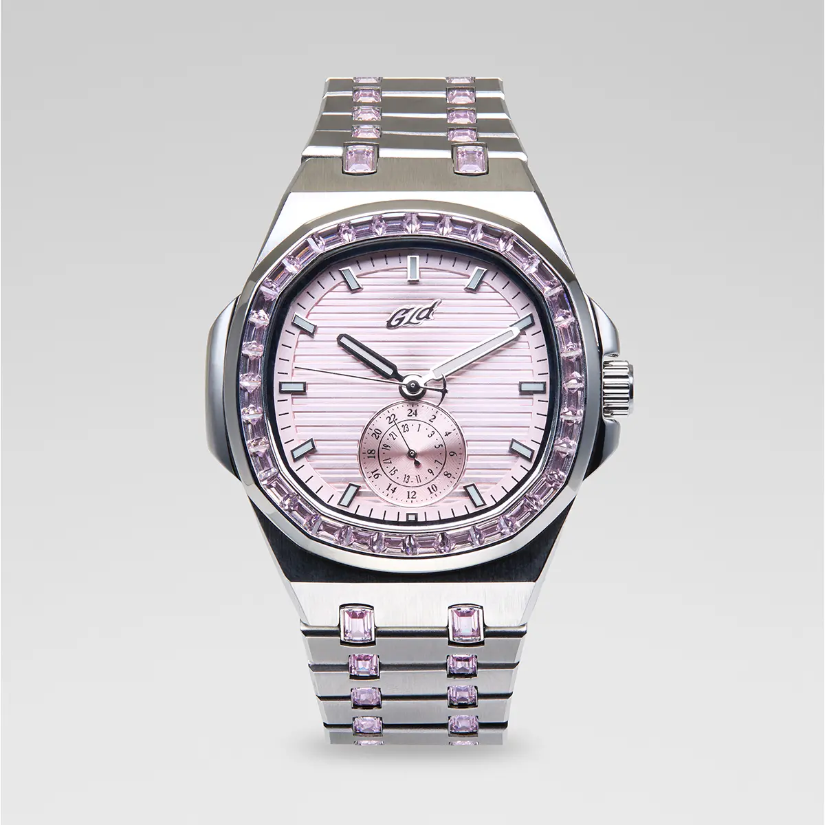 GLD 39MM Visionary Iced Pink Stone Band Watch - White Gold