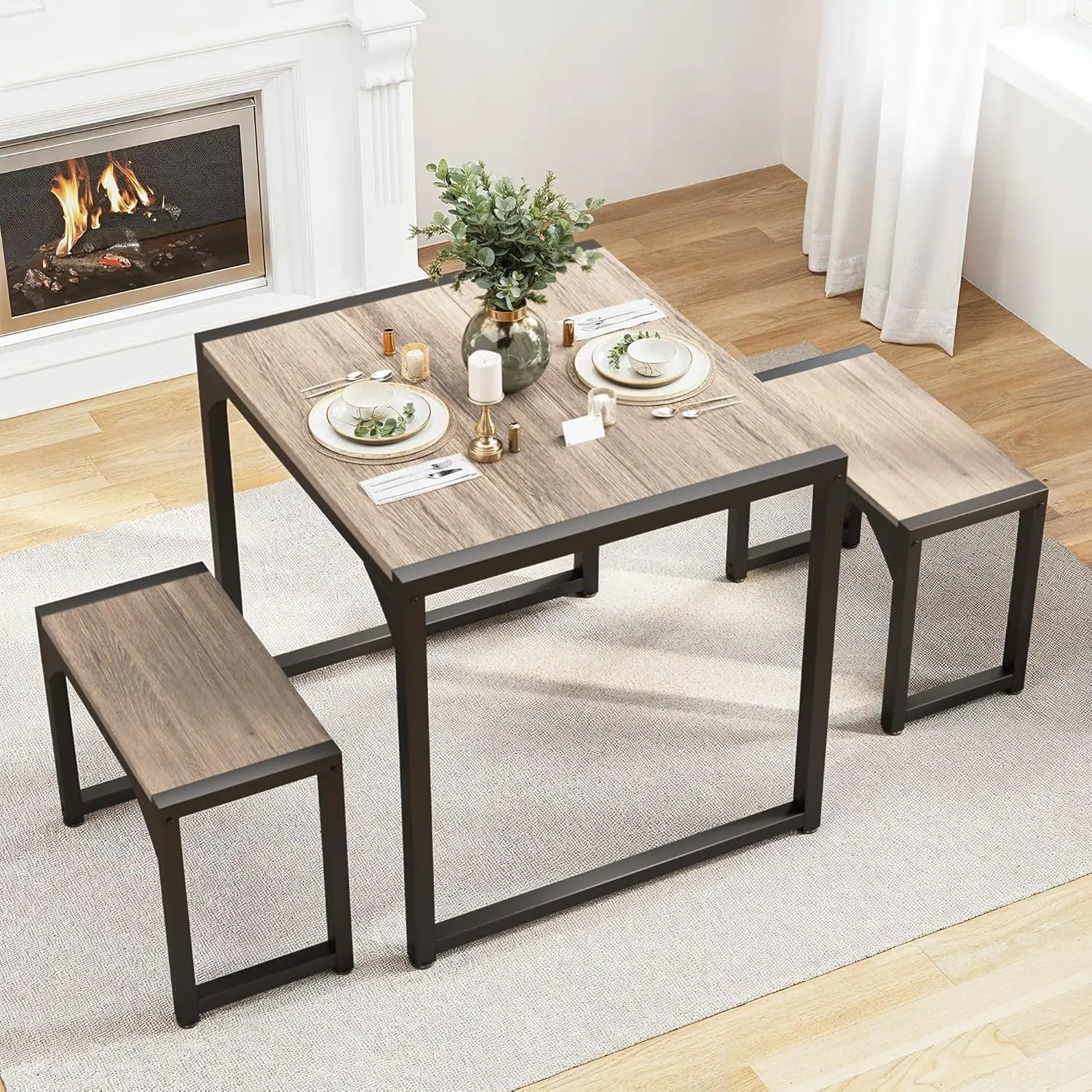Gizoon Square Dining Table Set for 2, Kitchen Table with 2 Benches Grey | Compact grey 3-piece square dining set for 2. Strong steel frame with shock-absorbing silicone covers for daily safety.