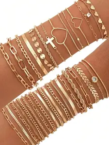 Women's Elegant Fashion Stacked Bracelet Set, Hollow Heart Design, Multiple Chain Combinations for Daily Wear, Perfect Gift Set, Stackable Bracelets