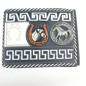 Horse Embroidered Wallet with Horseshoe Design and Greek Key Pattern for Men and Women