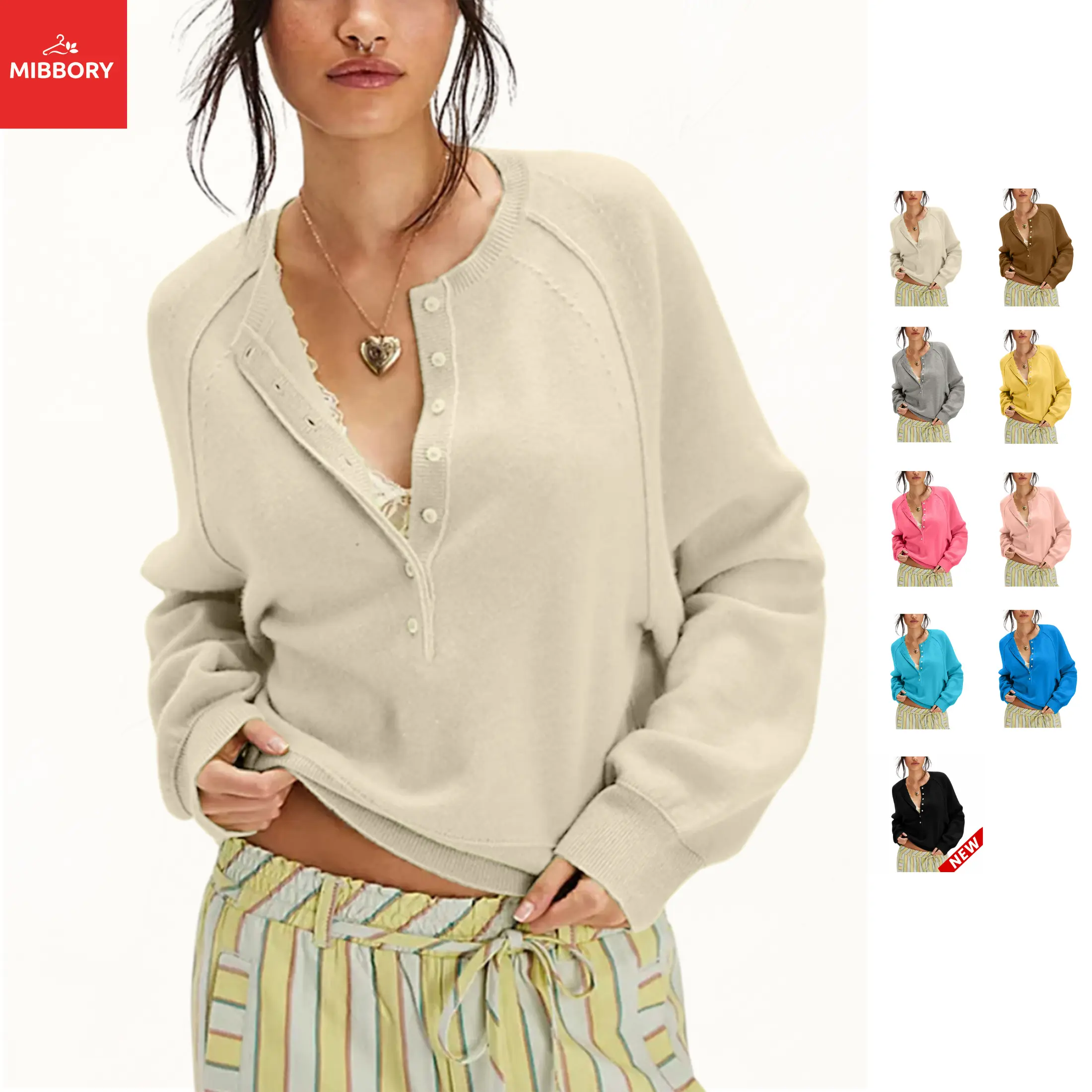 Mibbory Women's Basic Knit Pullover Sweater, Long-Sleeves Half-Button Henley Neck, Cozy Soft Lightweight Casual Loose Drop-Shoulder Tops for 2026 Fall Winter Work Daily Outfits (Knitwear), Longsleeves