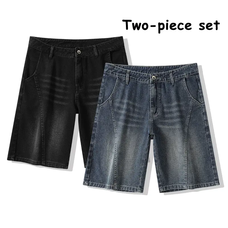 2-piece set: multi-shade faded vintage washed denim bermuda shorts; mid-rise relaxed straight leg jean shorts with stitched seam details; distressed retro streetwear bottoms suitable for everyday summer outdoor outfits; unisex.