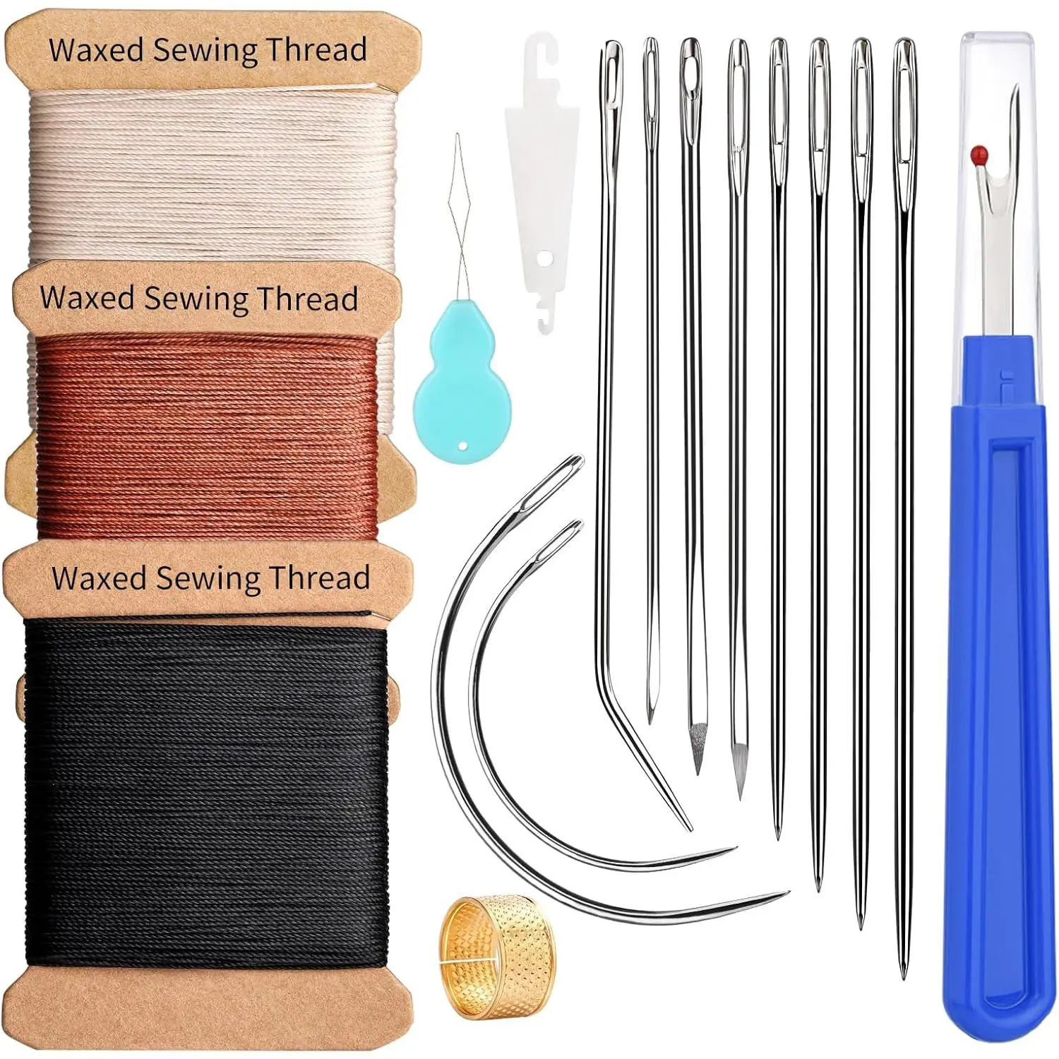 Upholstery Repair Kit and Upholstery Needle, 0.55mm 98 Yard Waxed Thread with 8 count Heavy Duty Leather Needles for Hand Stitching, Canvas & Quilting - Round Waxed Cord- Black/Brown/Beige